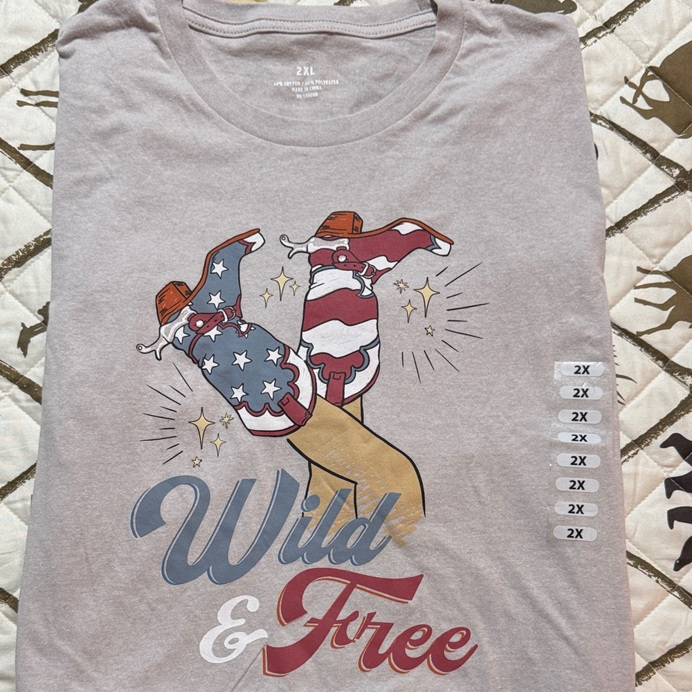 Wild & Free Graphic Tee - Stars & Stripes Cowgirl Boots